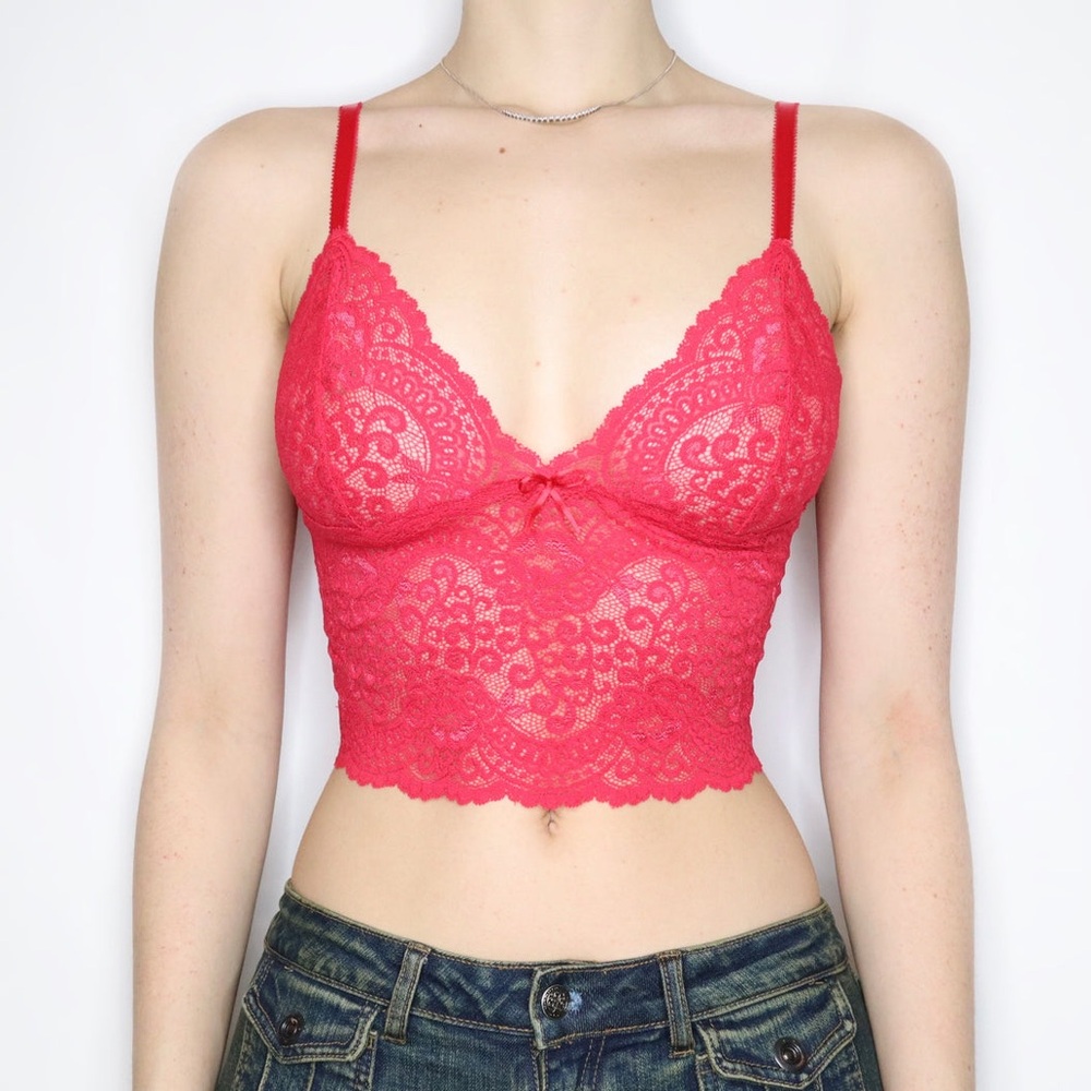 Vintage VS Y2K Red Lace Adjustable Bralette Stretch Sexy Large